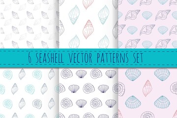 Seashell vector patterns set in light red and blue on white backgrounds