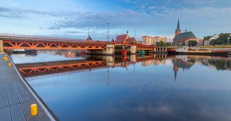 Szczecin. City embankment in the historical part of the city at dawn.