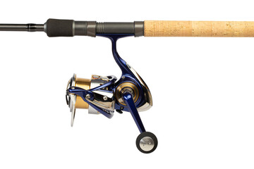 The fishing reel is mounted on a fishing rod for catching bream, carp, roach and other peaceful fish. Tackle isolated on white background.