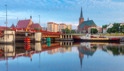 Szczecin. City embankment in the historical part of the city at dawn.