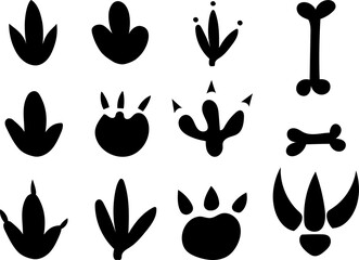 Dinosaur foot prints of predators set for childish books. Paws and claws of an ancient creature.
