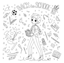 Back to school set of hand drawn illustration with boy in school uniform, stationary accessories and lettering for coloring book, poster, cards. Vector illustration.
