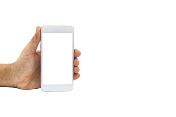 hand holds smartphone empty white screen mockup use for text advertising isolated on white background. clipping path, cut out.