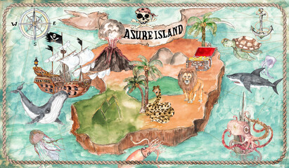 Colorful vintage style watercolor pirate treasure island map