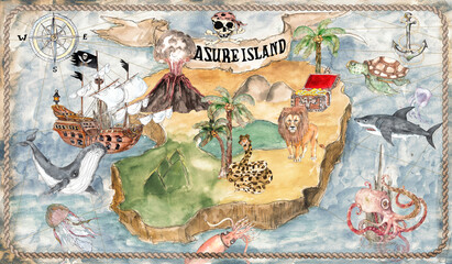 Colorful vintage style watercolor pirate treasure island map