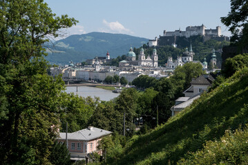 Salzburg - Austria, Blick auf den Dom, die Salzach und die Festung Hohensalzburg