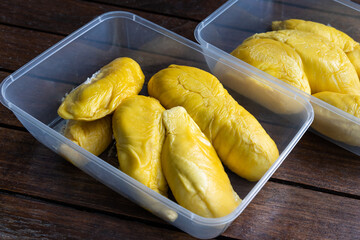 Golden yellow musang king durian pulp flesh in container on wooden surface