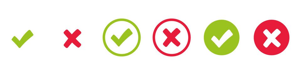 Check mark and x set icon. Simple web buttons. Checkmarks and x or confirm. Round checkmark.	
