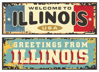 Fototapeta premium Vintage vector tin sign Illinois United States. USA state Illinois retro postcard layout. Welcome to Illinois road sign graphic design.