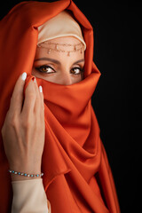 Close Up Portrait Of Beauty Young Muslim Woman In Hijab Looking At Camera