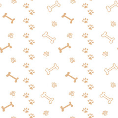 pattern with bone silhouettes and paw prints in doodle style and one line with colored beige spots.