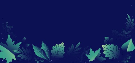 Fototapeta na wymiar Green, blue neon light, trendy background with vektor plant and leaf. Maple, oak and birch leaves.