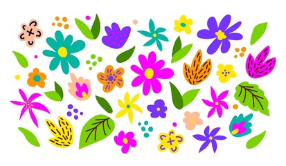 Big set of bright flowers, green leaves. Floral elements for creating patterns, decorating cards, invitations.
