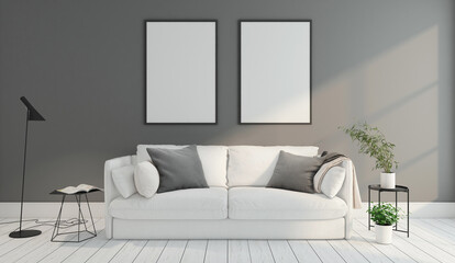 Minimalist living room with gray wall and white wood floor, picture frame. 3D rendering