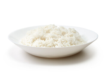 Cooked rice on white porcelain plate isolated on white background