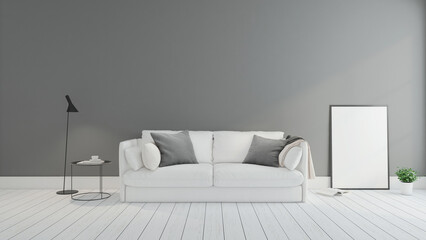 Minimalist living room with gray wall and floor lamp, side table. 3D rendering