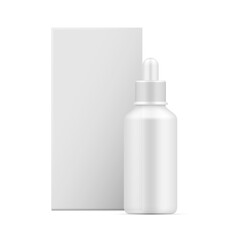 Realistic plastic medical bottle with cardboard pack vector illustration. Pharmacy packaging mockup