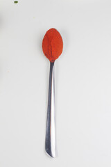 Indian Colourful Spices Also Know as Red Chilli Powder, Mirchi, Mirch powder Isolated on white Background in spoon.