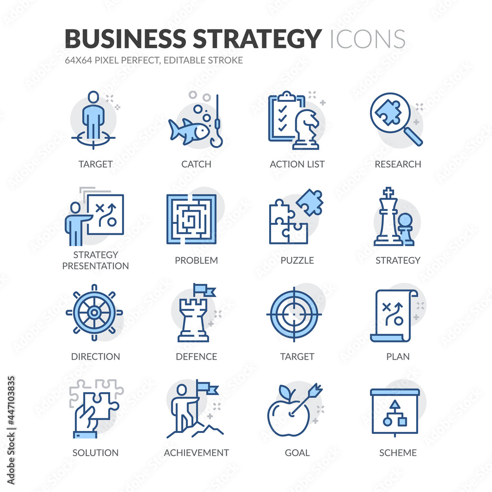 Poster simple set of business strategy related vector line icons. contains such icons as action list, resea