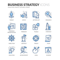 Simple Set of Business Strategy Related Vector Line Icons.  Contains such Icons as Action List, Research, Solution and more. Editable Stroke. 64x64 Pixel Perfect.