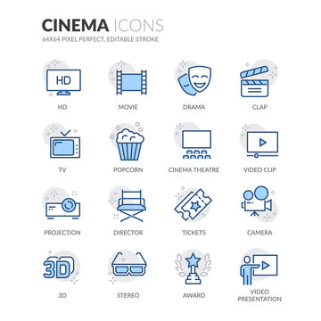 Simple Set of Cinema Related Vector Line Icons.  Contains such Icons as Movie Clip, Popcorn, Tickets and more. Editable Stroke. 64x64 Pixel Perfect.