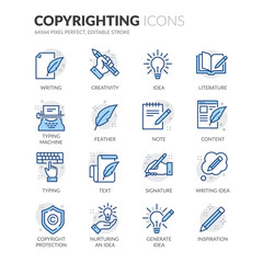 Simple Set of Copyrighting Related Vector Line Icons.  Contains such Icons as Typing Machine, Signature, Creative Process and more. Editable Stroke. 64x64 Pixel Perfect.