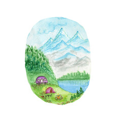 Camping in the mountains. Watercolor landscape,Mountain ,adventure,Traveling.Camping into the wild hand drawing watercolor