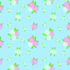 Seamless floral pattern. Flowers texture. Daisy and camomile. Pink, blue, white, green colors. 