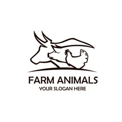 label of farm animals cow, chicken and pig isolated on white background