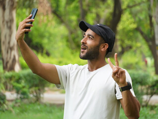 taking selfie using mobile and showing victory sign