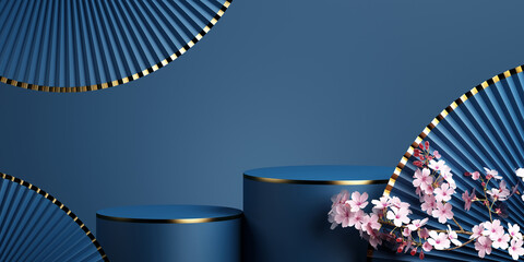 Minimal abstract background.geometric podium,cherry blossom and pan with blue background for product presentation. 3d rendering illustration.