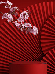 Minimal abstract background.geometric podium,cherry blossom and pan with red background for product presentation. 3d rendering illustration.