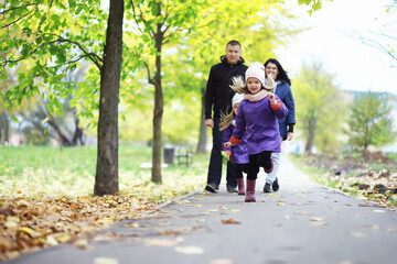 Leaf fall in the park. Children for a walk in the autumn park. Family. Fall. Happiness.