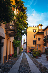 Orta San Giulio / Italy - June 2021: Main street of the village of Orta San Giulio, without people
