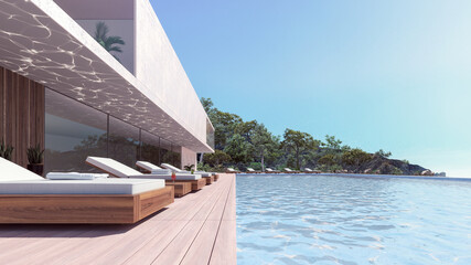 Modern luxury house exterior with swimming pool and deck chairs 3D Rendering, 3D Illustration