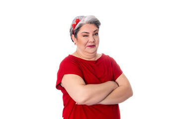 white woman wearing red on white background