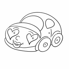 sketch, car with headlights in the shape of a heart, coloring book, isolated object on a white background, wind illustration,