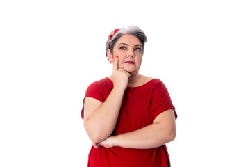 People diversity young chubby lady with white hair thoughtful wearing red outfit on white background.