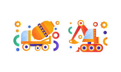 Naklejka premium Heavy Industrial Machinery Set, Concrete Mixer Truck and Excavator Flat Vector Illustration