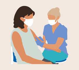 People and Doctor wearing Face Mask Fight Against Covid-19, Coronavirus Disease, Health Care and Safety. Сovid-19 mass vaccination. Doctors and nurses with syringe in hand. Kids vaccination. 