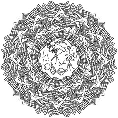 Science mandala about astronomy, outer space and space phenomena ornate coloring page