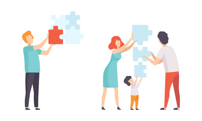 People Connecting Puzzle Pieces Set, Family Trying to Find Solution Together Flat Vector Illustration