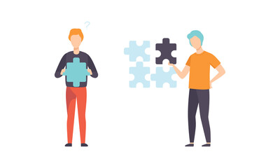 People Connecting Puzzle Pieces Set, Men Trying to Find Solution Flat Vector Illustration