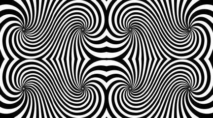 Effect of distorted radial rays. Optical hypnotic black and white spiral spin vivid design. Abstract op art graphic design. The illusion of torsion rotation movement.