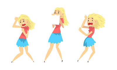 Frightened and Panicked Girl Set, Panic Attack, Anxiety Phobia, Crisis Concept Cartoon Vector Illustration