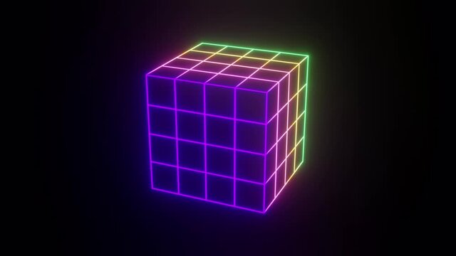 Beautiful rotating neon cube divided into segments. The cube is glowing purple, pink, yellow and green. Abstract animation. 4k render