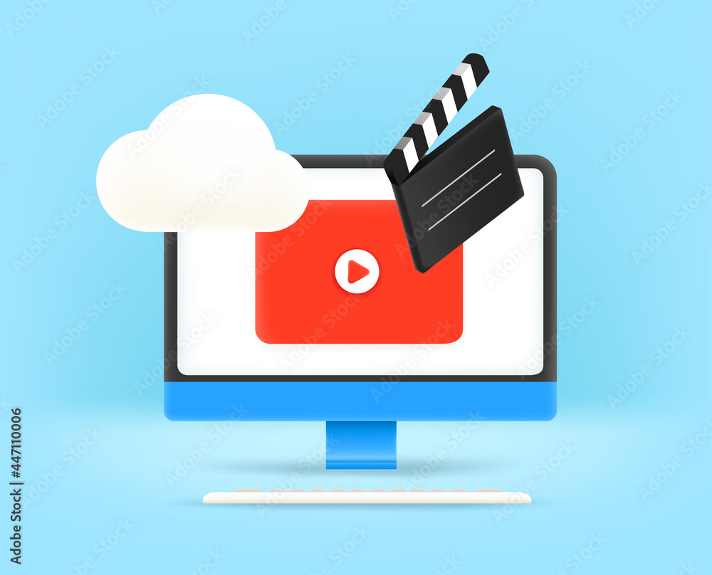 Poster watch video via computer. сute 3d style vector illustration