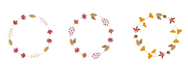 Set of Autumn wreath illustration. Autumn leaves and berries rounded decoration icons. round frame set for fall event design. Vector illustration.