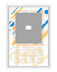 Wall Monthly Photo Calendar 2022. Simple, colorful, baby vertical photo calendar template. Calendar design 2022 year in English. Week starts from Monday. Vector illustration