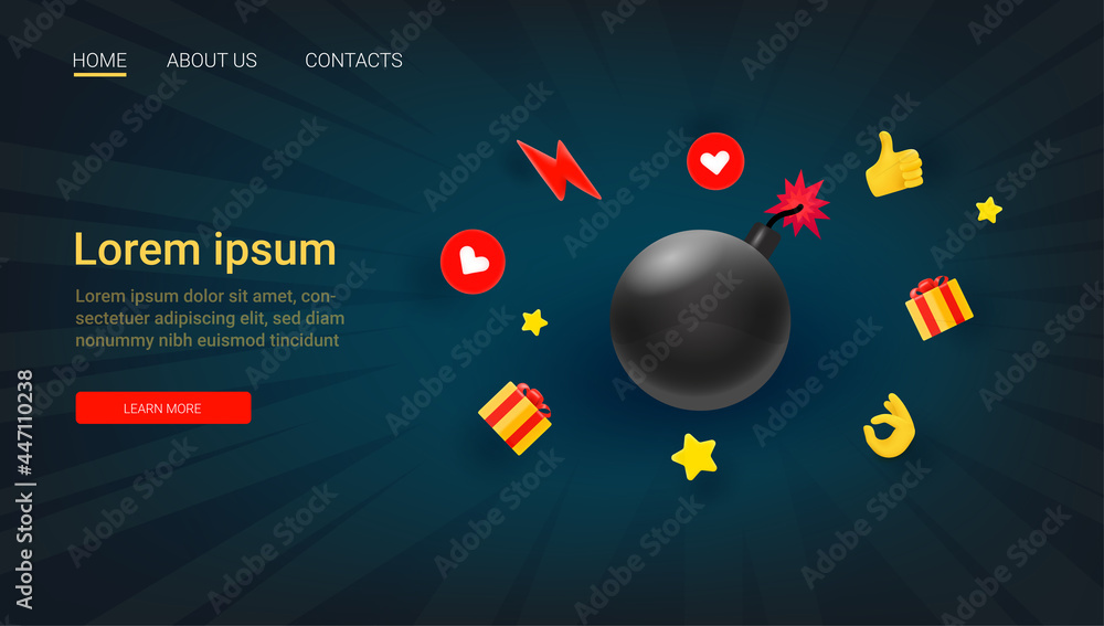 Poster sale vector banner with rays and bomb. web banner template